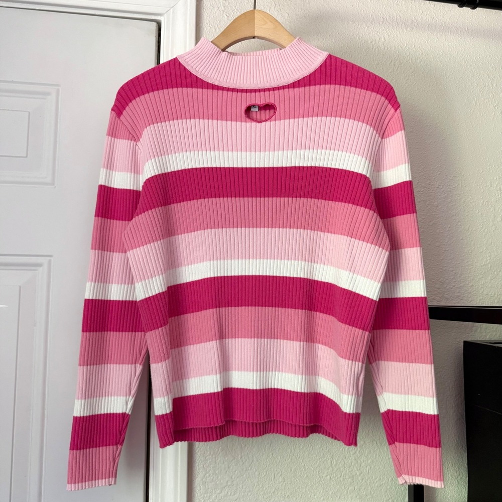 SHINY BY NATURE pink white striped cutout heart rib ribbed cotton sweater top